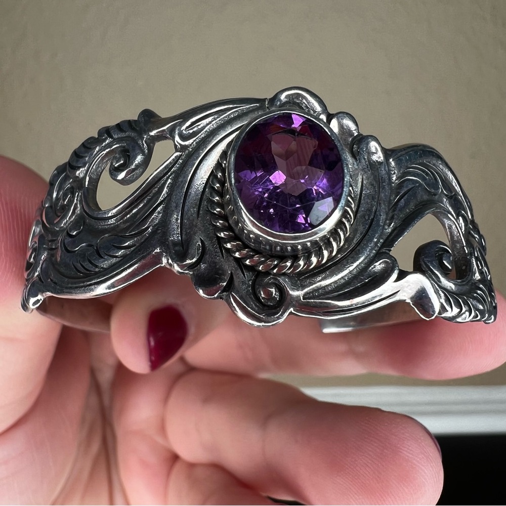 Vintage Sterling Silver and Amethyst Cuff, Ornate Bracelet, February Birthstone - Picture 3 of 10